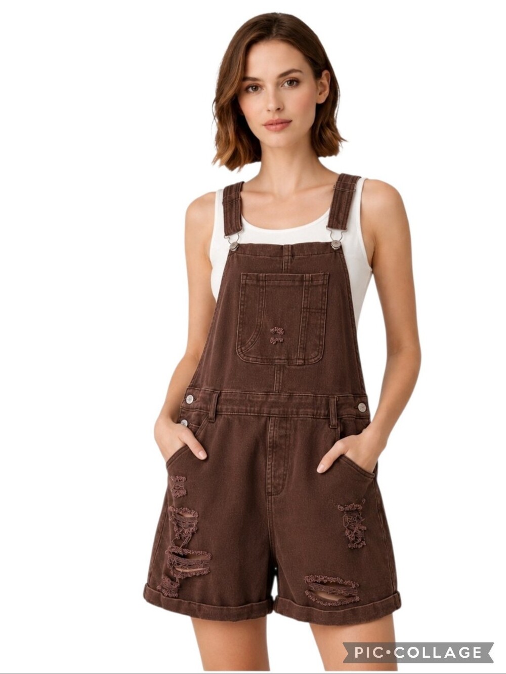 Overall brown denim shorts distressed casual adjustable straps, pockets, fun! - Picture 14 of 14